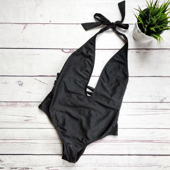 Wolf & Whistle Asos Deep Plunge Strappy Swimsuit Black 4 D/DD NWOT - Picture 1 of 8